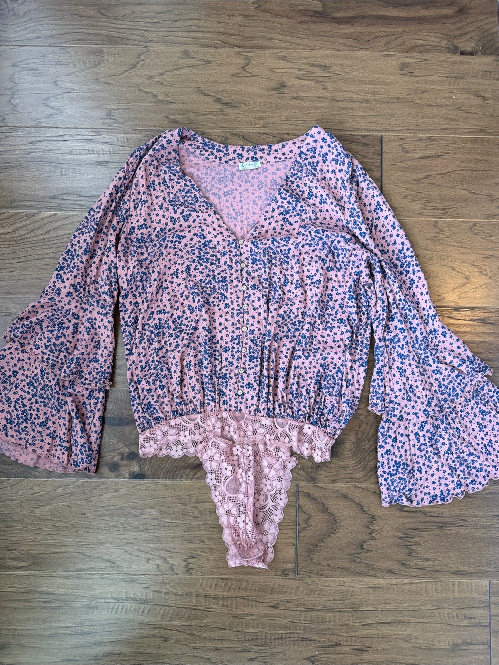 Intimately Free People Dusty Rose Blue Ditsy Floral Tiered Bell Sleeve Bodysuit